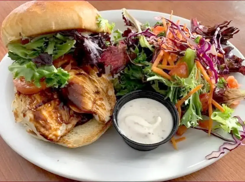 BBQ chicken burger, house salad on the side